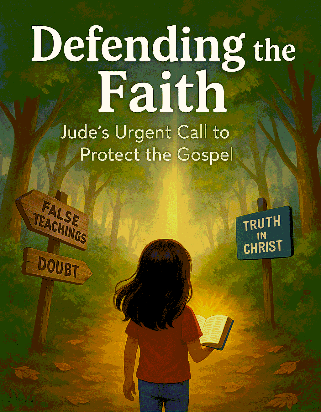 Girl with long dark brown hair holding a glowing Bible on a forest path, facing broken signs reading Doubt and False Teachings, with one sign ahead reading Truth in Christ.