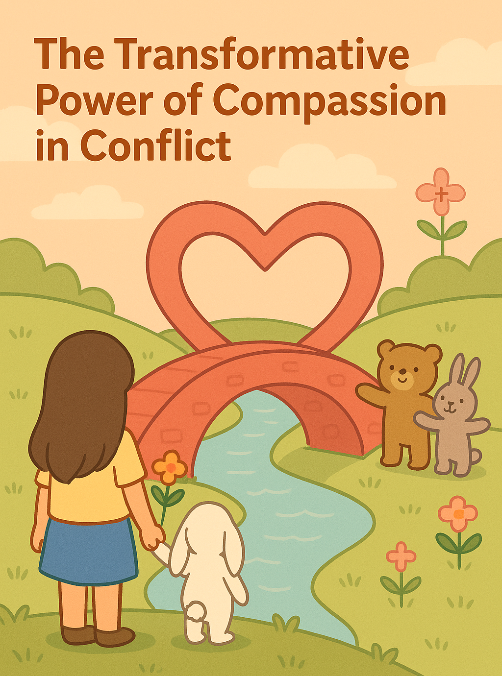 Girl and white bunny holding hands near a heart-shaped bridge with friendly animals on the other side in a peaceful cartoon landscape