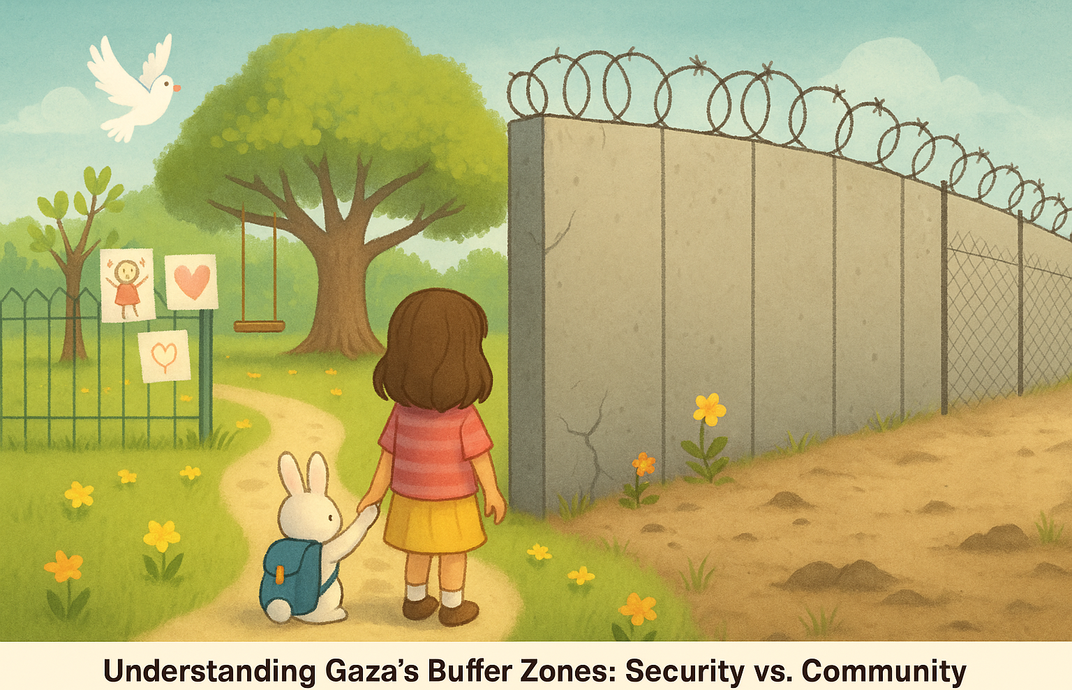 Girl and white bunny standing near a barbed wire wall separating a vibrant community space from a quiet, barren zone