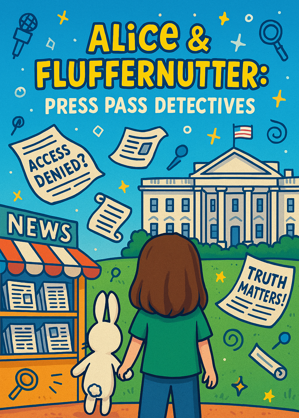Alice and Fluffernutter standing in front of a newsstand and the White House with swirling newspapers and doodles of microphones and magnifying glasses