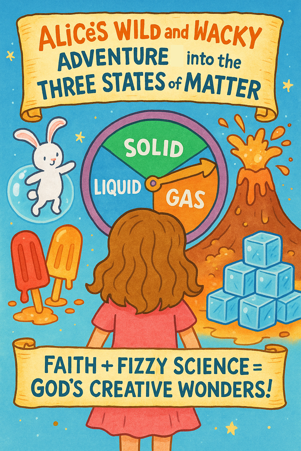 Alice and Mr. Fluffernutter exploring the three states of matter with a spinning science wheel, volcano, ice cubes, and melting popsicles