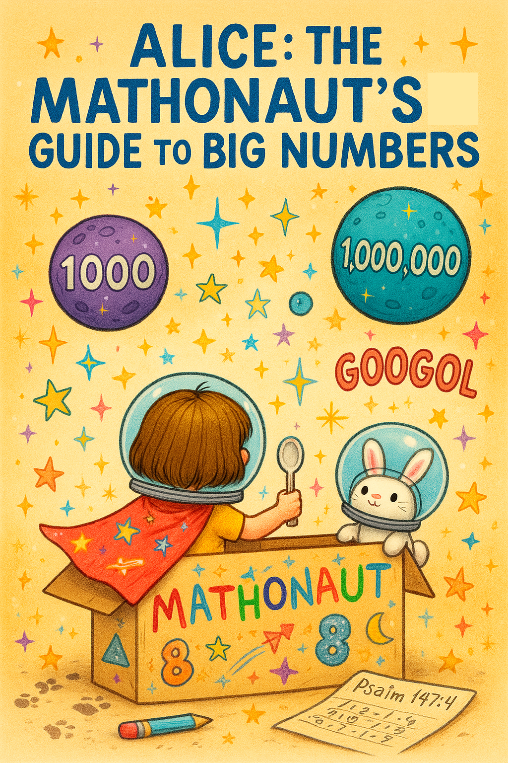 Alice in a cardboard rocket labeled “MATHONAUT” with Fluffernutter wearing a cup helmet, surrounded by colorful stars and number-shaped planets like 1000, 1,000,000, and GOOGOL, with Psalm 147:4 written on a math chart.