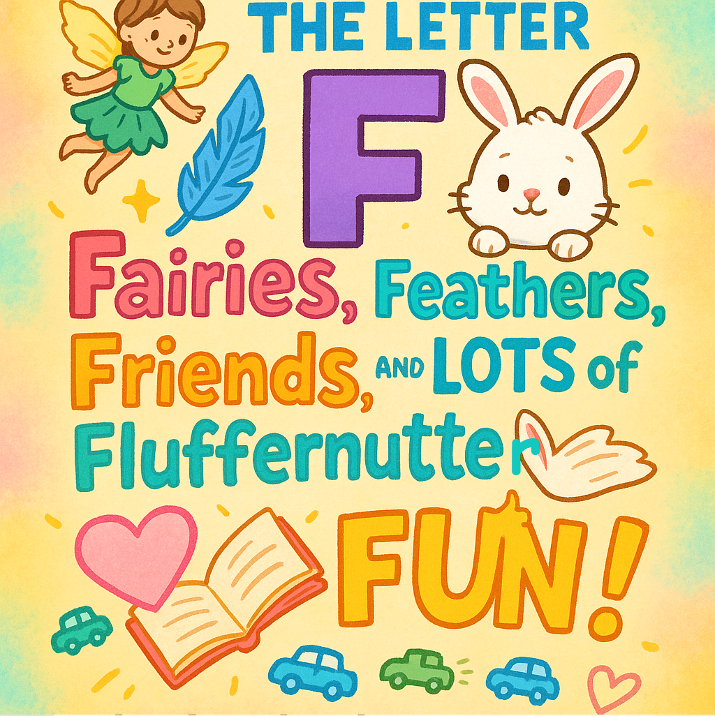 colorful featured image for children's blog post showing the letter F with playful illustrations of a fairy, feather, heart, storybook, and bunny