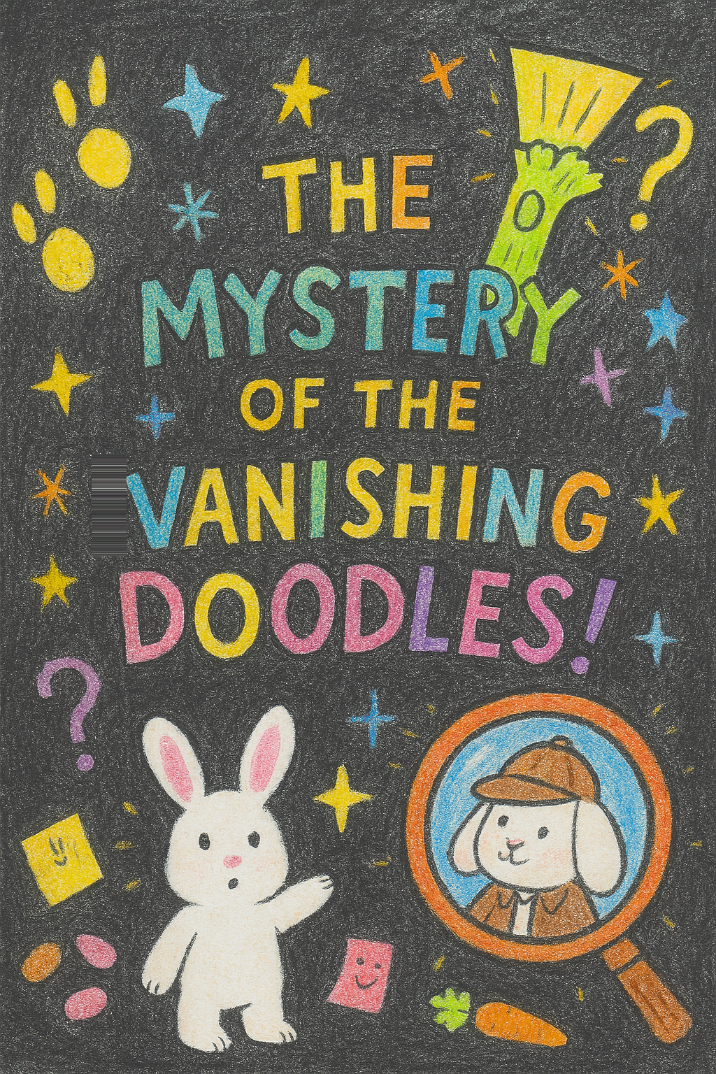 Colorful crayon-style illustration featuring a bunny detective, a celery flashlight, and the title “The Mystery of the Vanishing Doodles!” on a chalkboard background with sparkles and doodles.