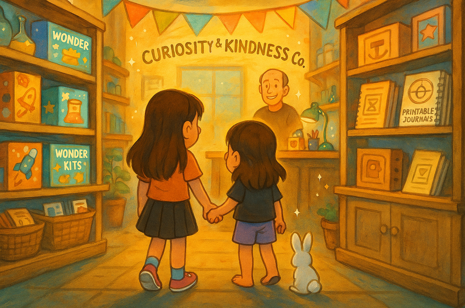 storybook-style illustration of two girls holding hands with a white bunny entering Curiosity & Kindness Co., shelves stocked with wonder kits and printable journals, shopkeeper smiling at counter