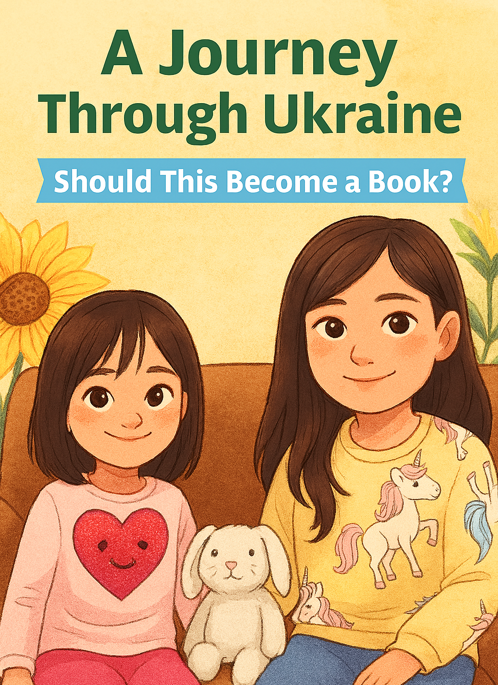 two sisters smiling on a couch with a white stuffed bunny between them