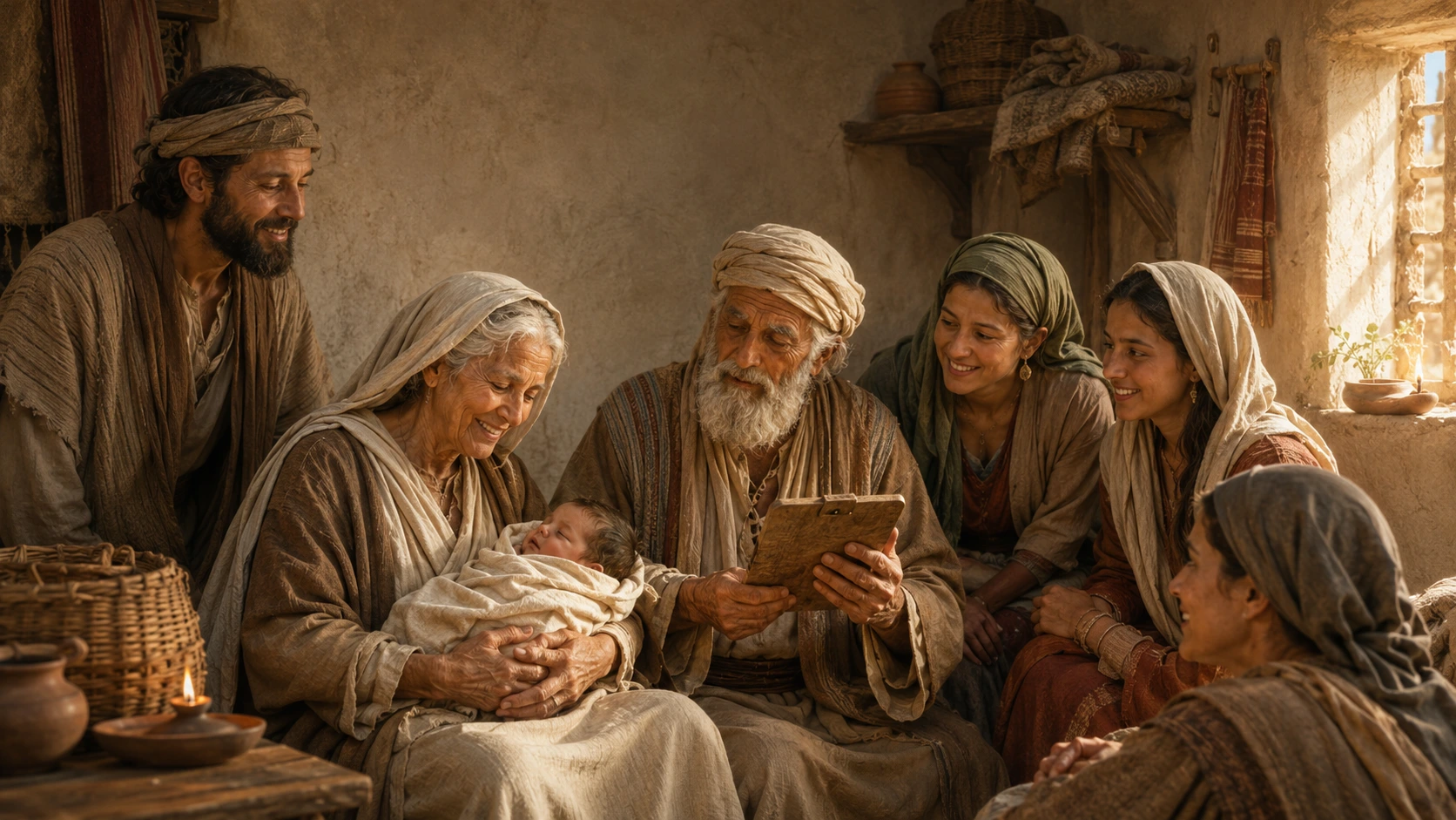 Zacharias and Elisabeth hold baby John as relatives gather in wonder.