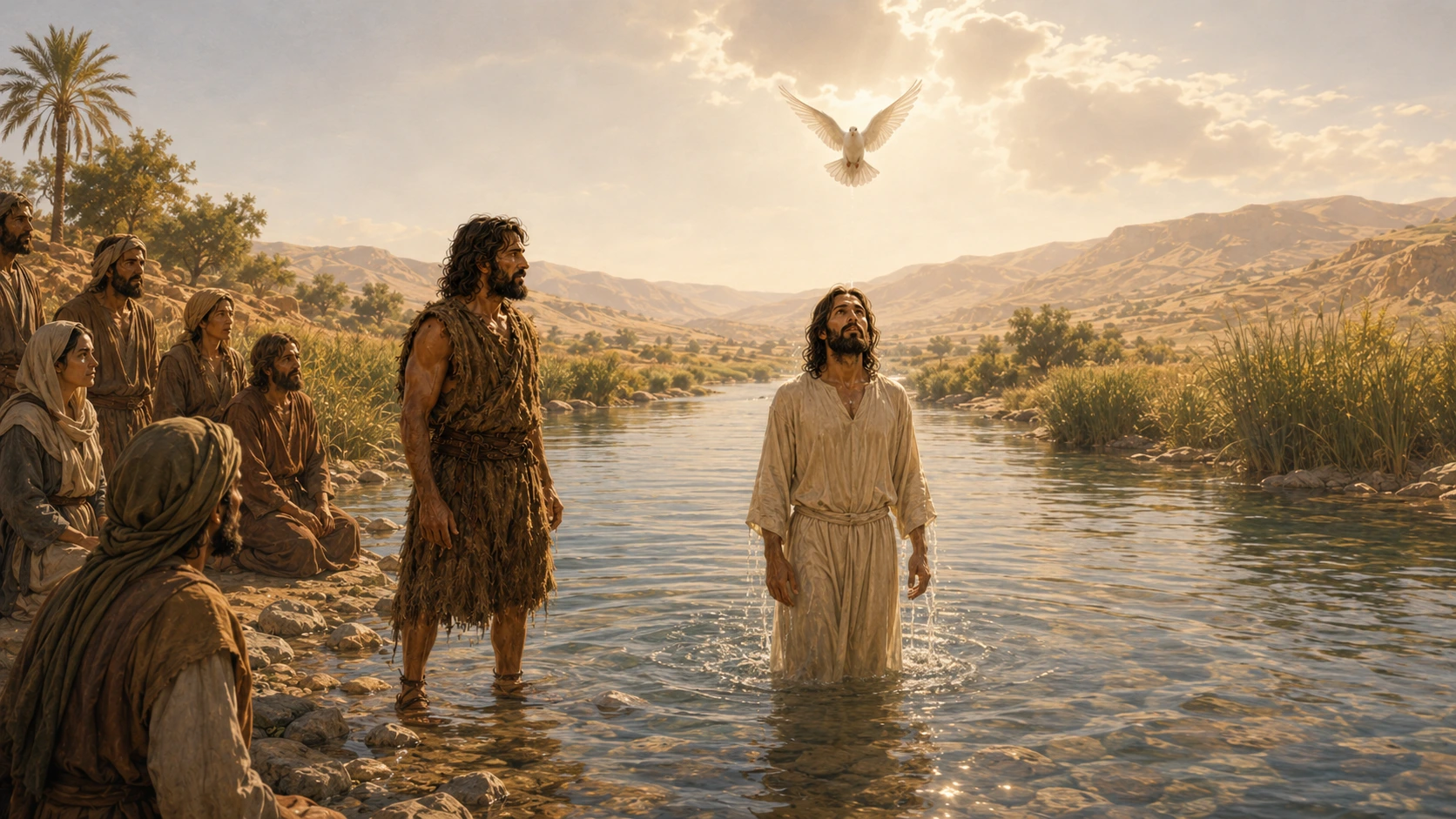 Jesus stands in the Jordan after baptism as John looks on reverently.