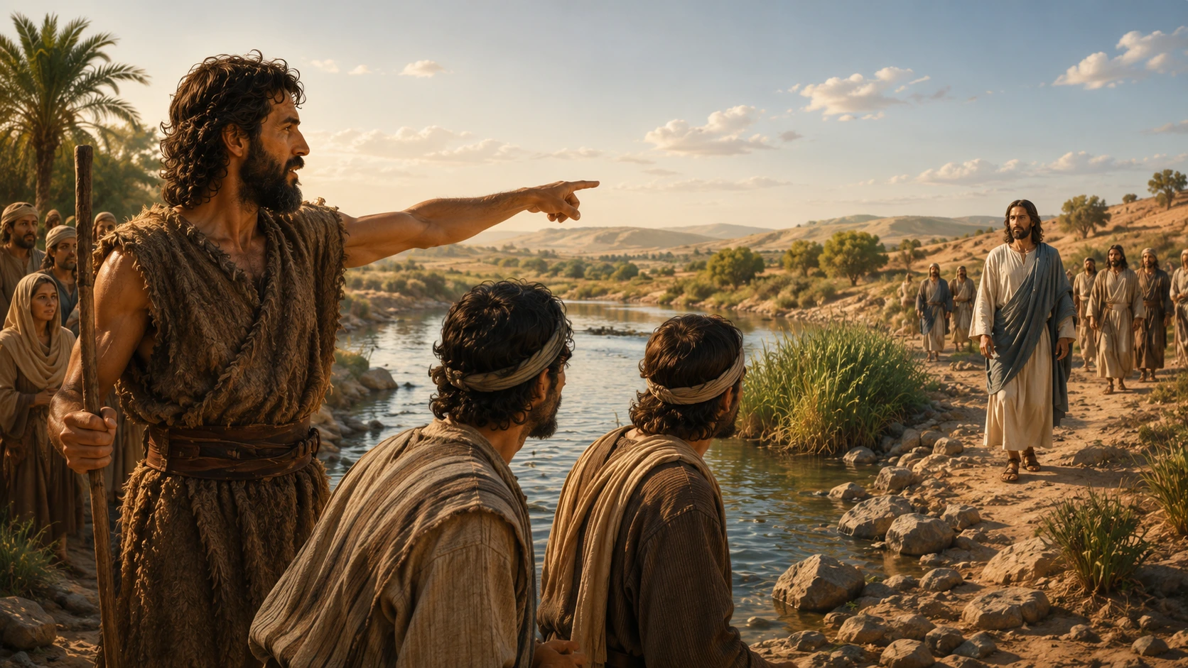 John points to Jesus as disciples turn to follow Him.