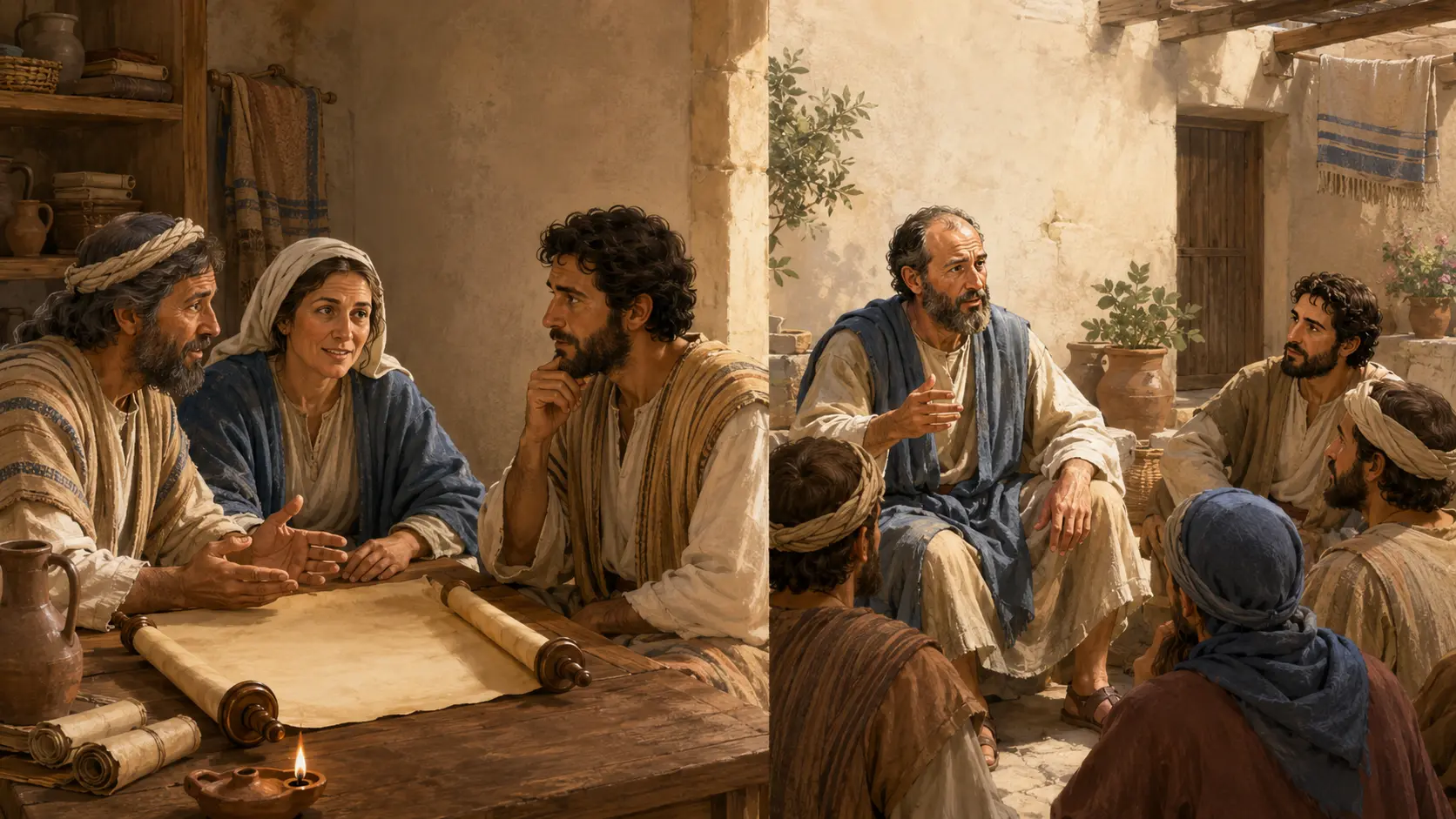Aquila and Priscilla teach Apollos while Paul instructs disciples.