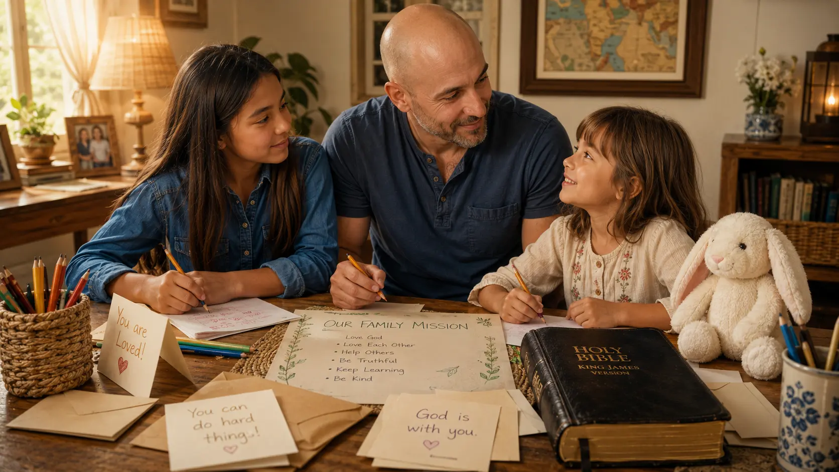 Daddy Ryan, Ariel, and Alice prepare a family mission beside a KJV Bible.